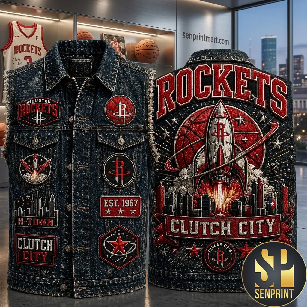 Houston Rockets Clutch City Vintage Embroidered Patch Denim Vest