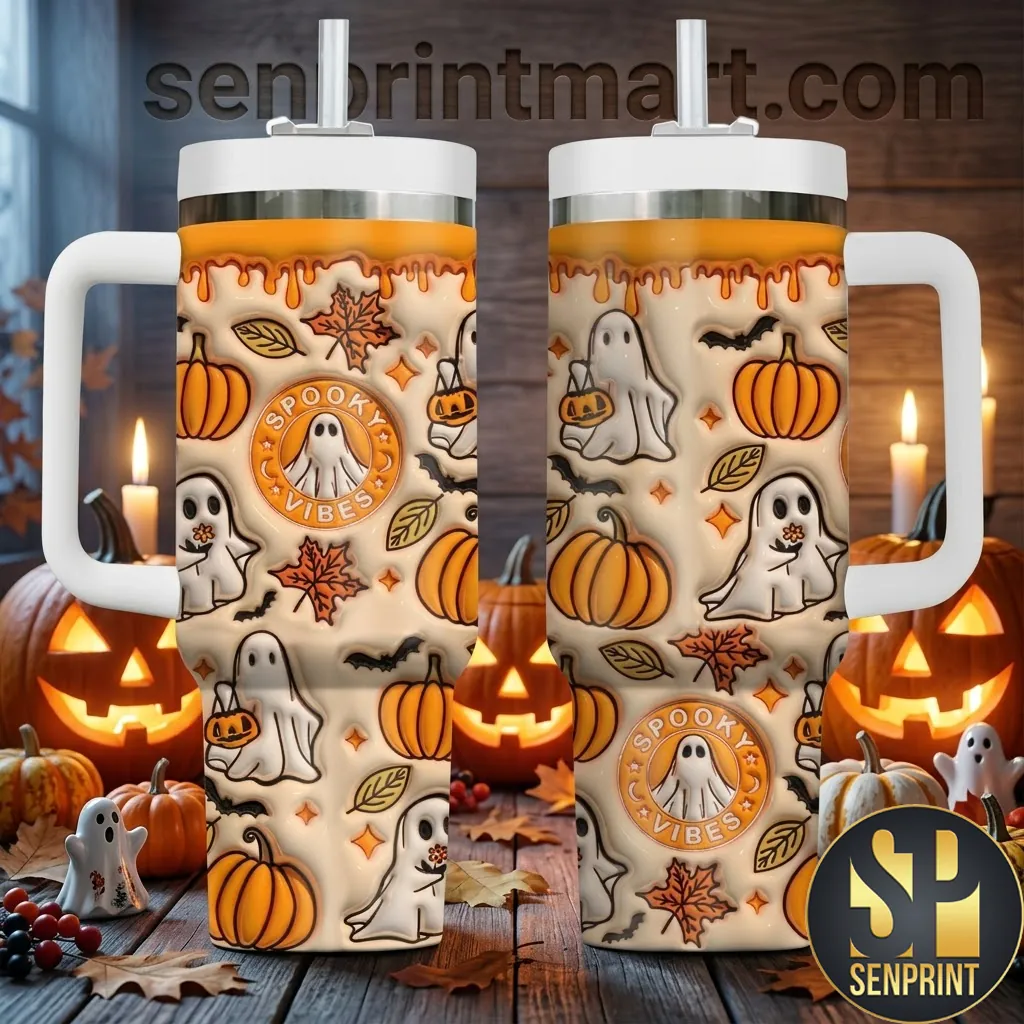 Spooky Vibes Cute Ghost and Pumpkin 3D Puff Halloween 40oz Tumbler