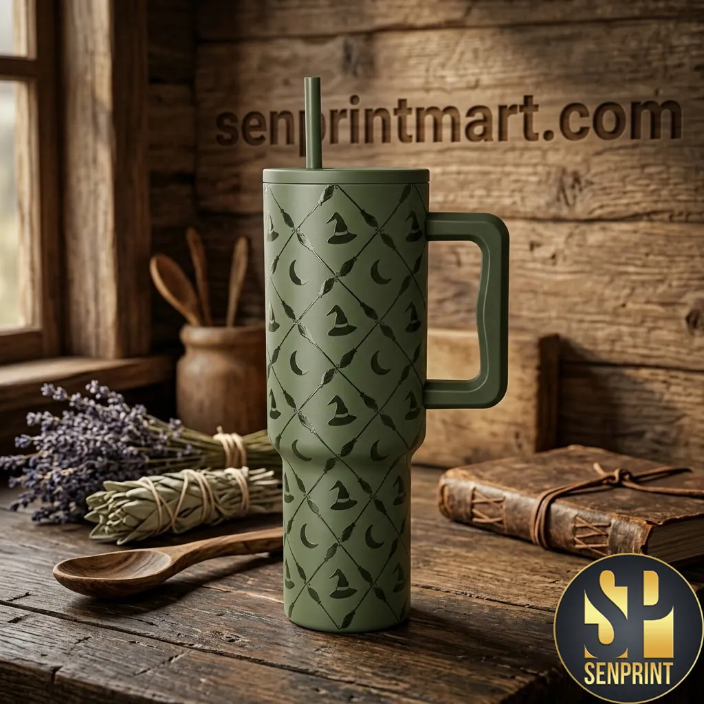 Witchy Halloween Witch Hat and Moon Sage Green 40oz Tumbler with Handle