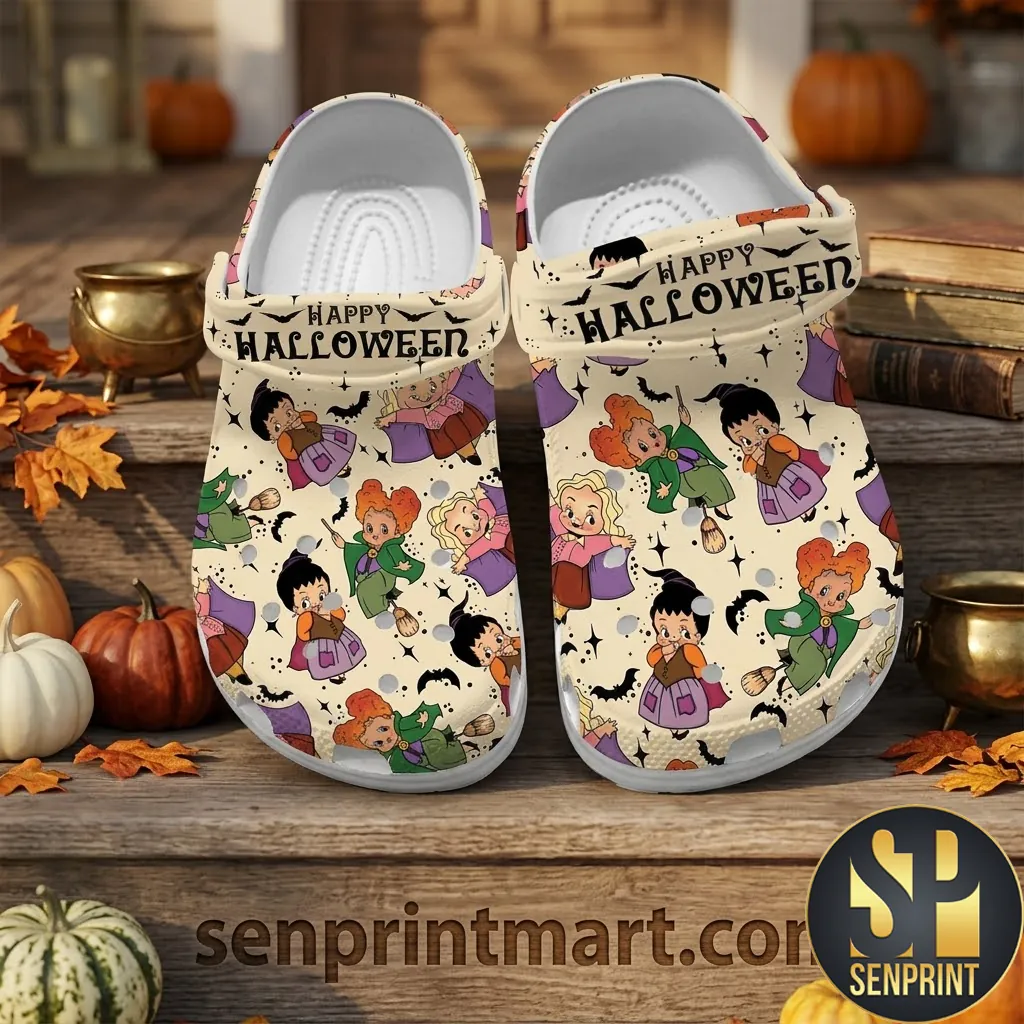Happy Halloween Sanderson Sisters Chibi Witch Cream Crocs Clogs