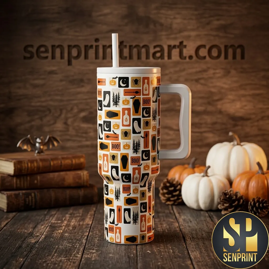 Retro Halloween Boo Grid Pattern Double Wall Insulated 40oz Tumbler