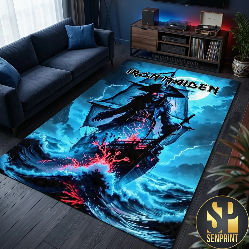 Iron Maiden Pirate Ship Stormy Ocean Heavy Metal Area Rug