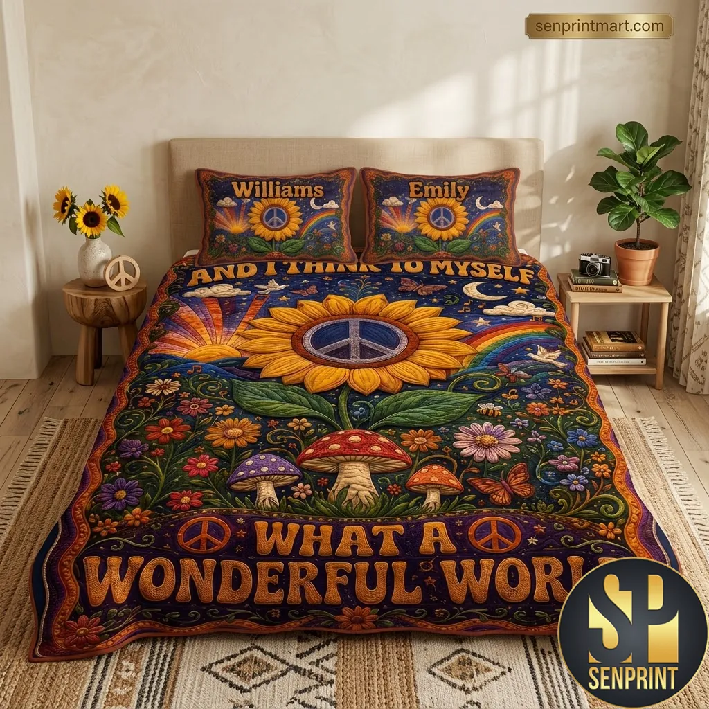 What A Wonderful World Personalized Hippie Sunflower Quilt Bedding Set