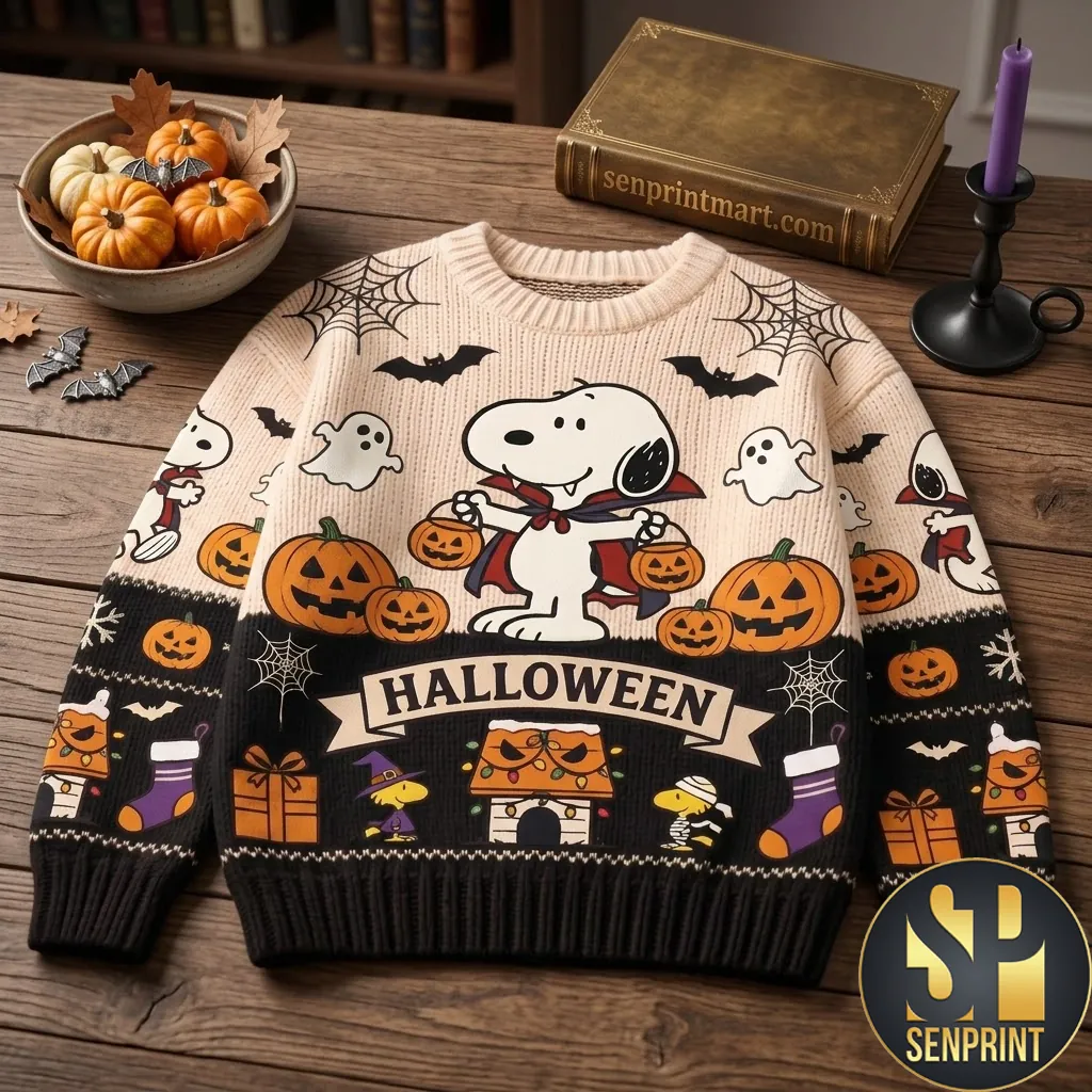 Peanuts Snoopy Vampire Halloween Pumpkin Knit Ugly Sweater