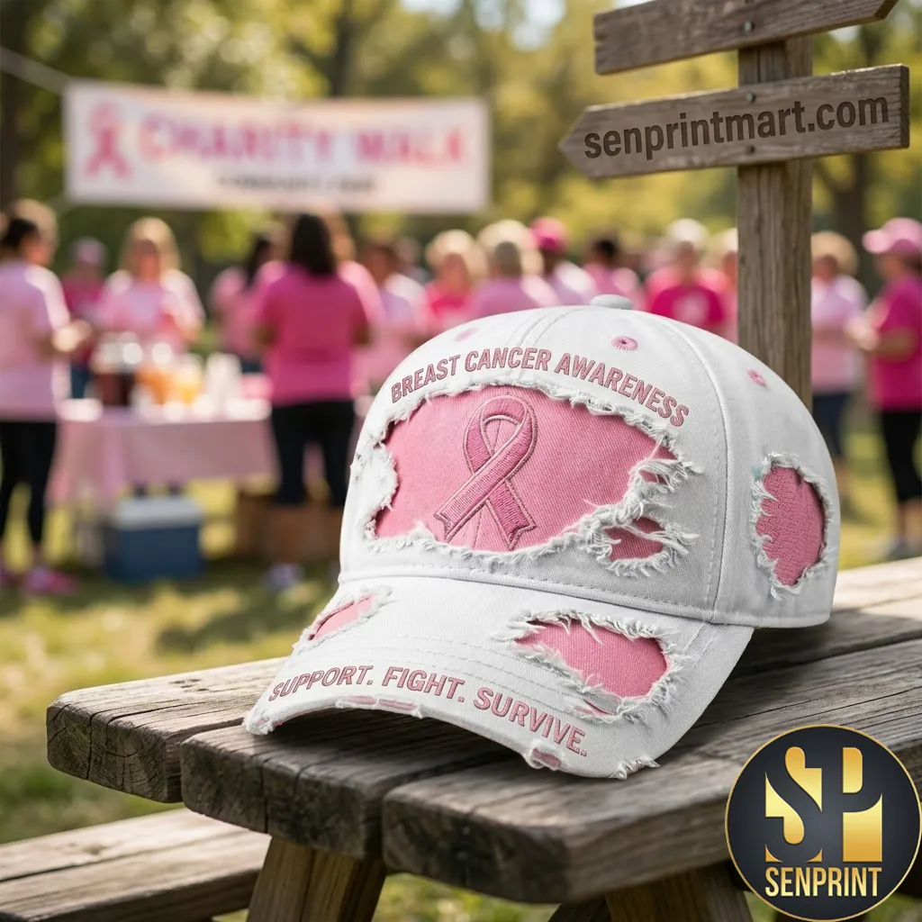 Breast Cancer Awareness Pink Ribbon Distressed Vintage Baseball Cap