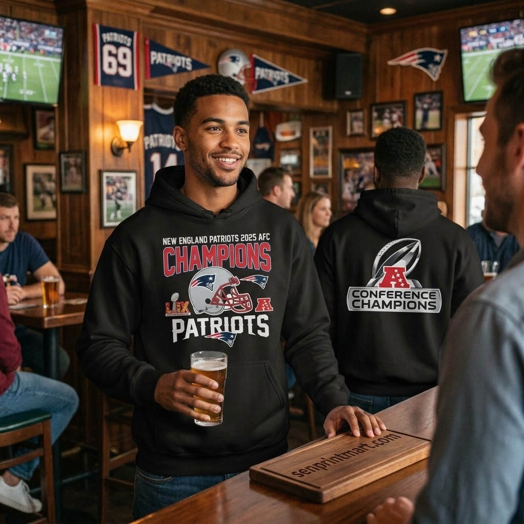 New England Patriots 2025 AFC Champions Super Bowl LIX Commemorative 3D Graphic Pullover Hoodie