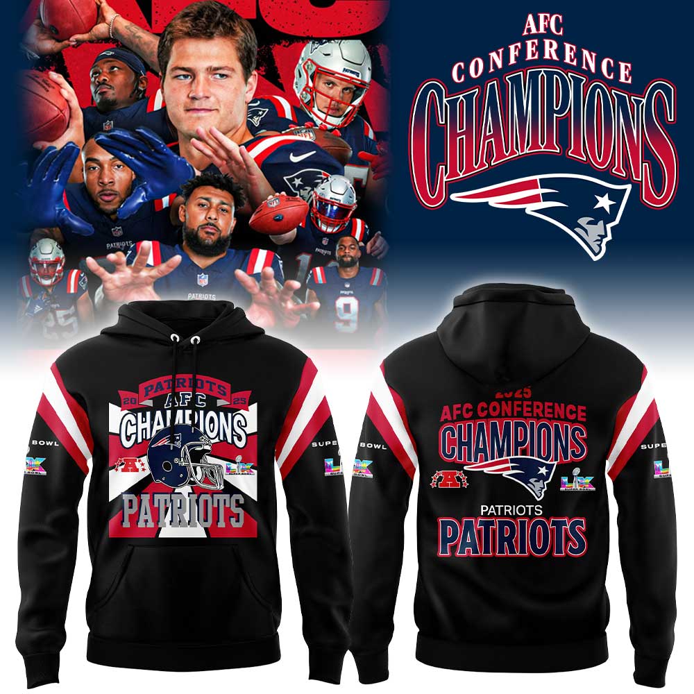 New England Patriots 2025 AFC Champions Super Bowl LIX Commemorative 3D Graphic Pullover Hoodie New England Patriots 2025 AFC Champions Super Bowl LIX Commemorative 3D Graphic Pullover Hoodie