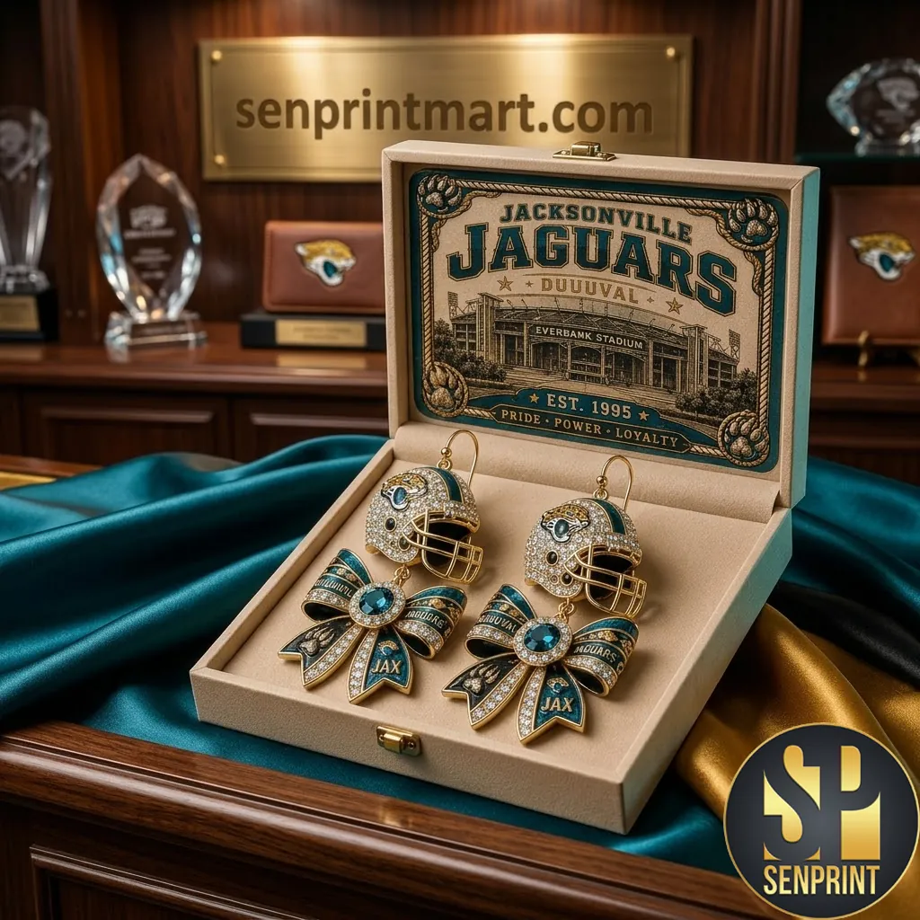 Jacksonville Jaguars Game Day Crystal Helmet and Bow Dangle Earrings