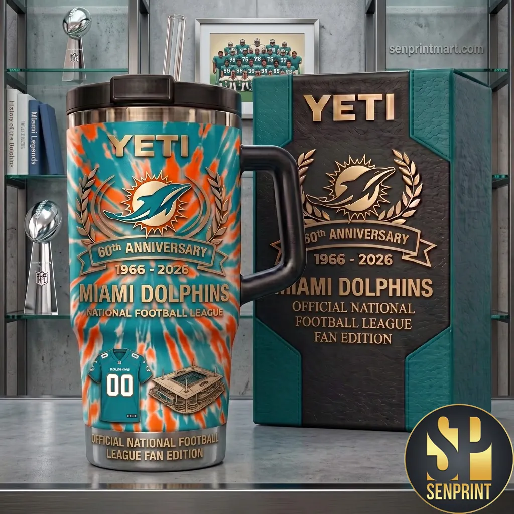 Miami Dolphins 60th Anniversary 1966-2026 Official Fan Edition Tie Dye Stainless Steel Handle Tumbler