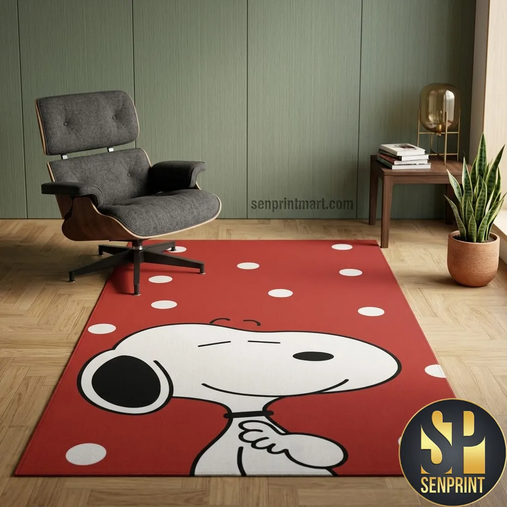 Snoopy Peanuts Cartoon Red Polka Dot Area Rug