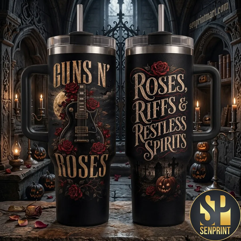Guns N’ Roses Roses Riffs and Restless Spirits Halloween Travel Tumbler