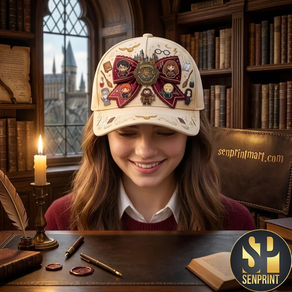 Magical Wizard School Chibi Characters and Burgundy Bow Classic Cap