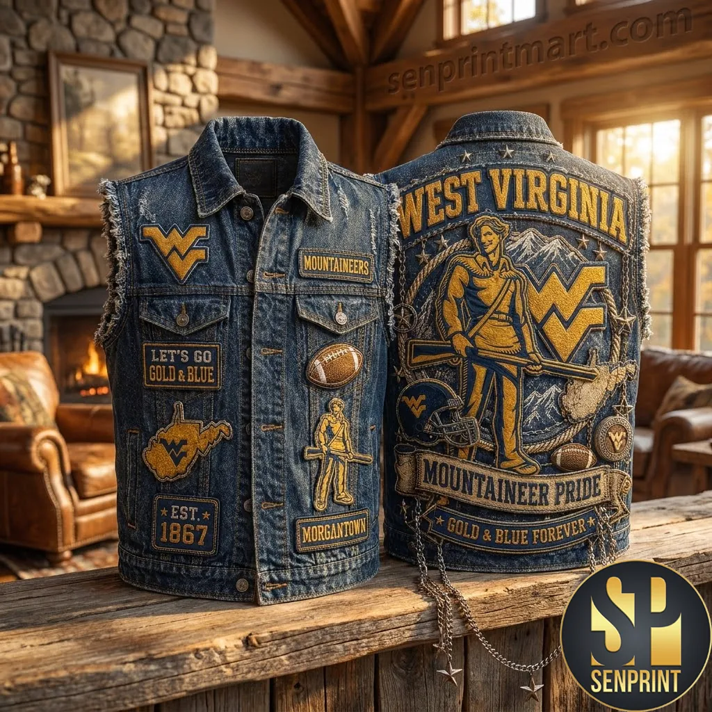 West Virginia Mountaineers Gold and Blue Pride Distressed Denim Vest