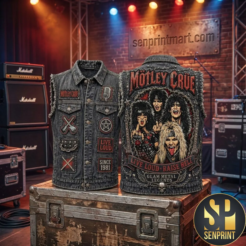 Motley Crue Glam Metal Legends Vintage Rock Band Denim Vest