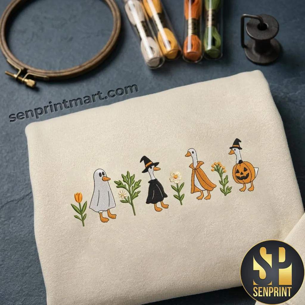 Cute Halloween Ducks Embroidered Cozy Fall Sweatshirt