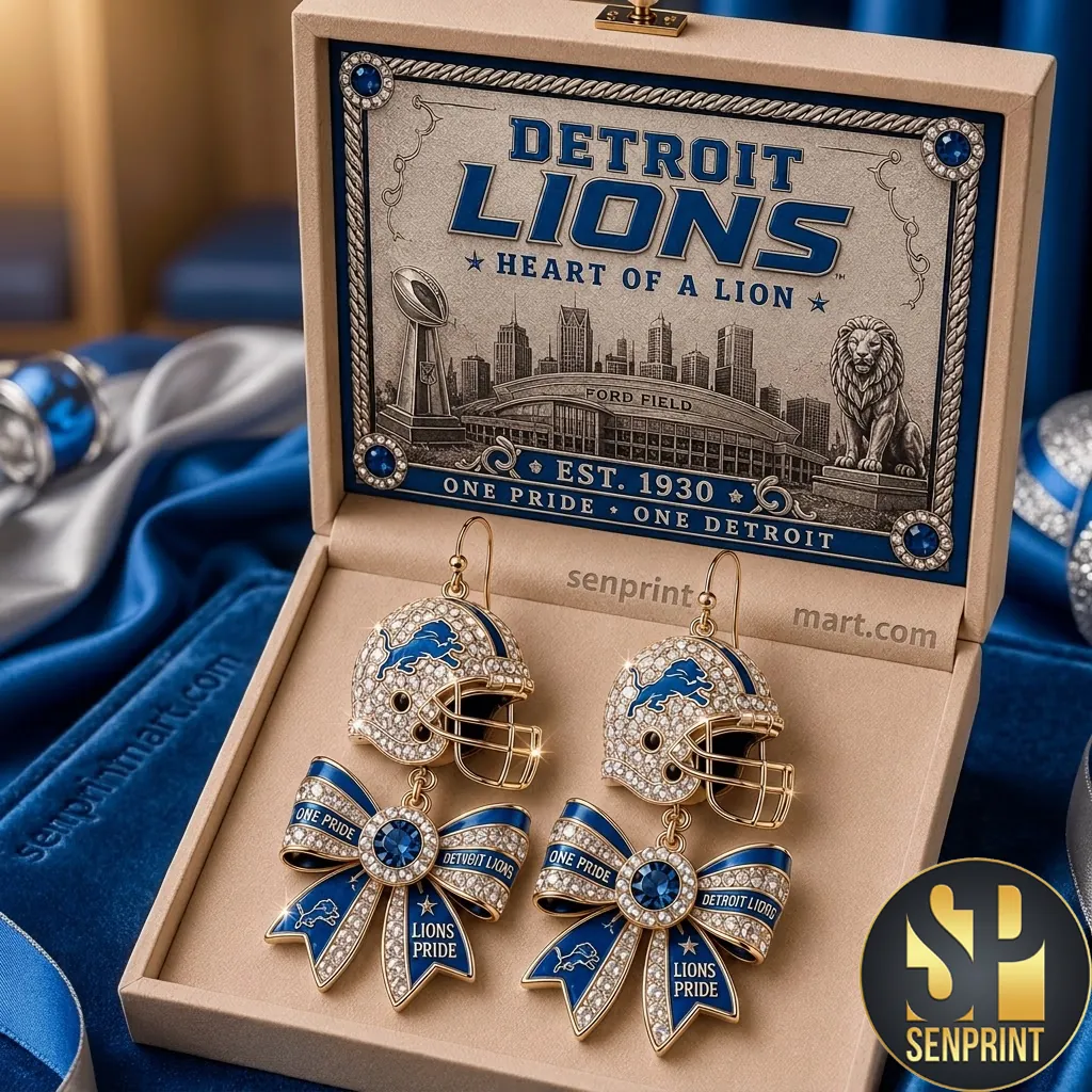 Detroit Lions One Pride Crystal Helmet and Bow Dangle Earrings