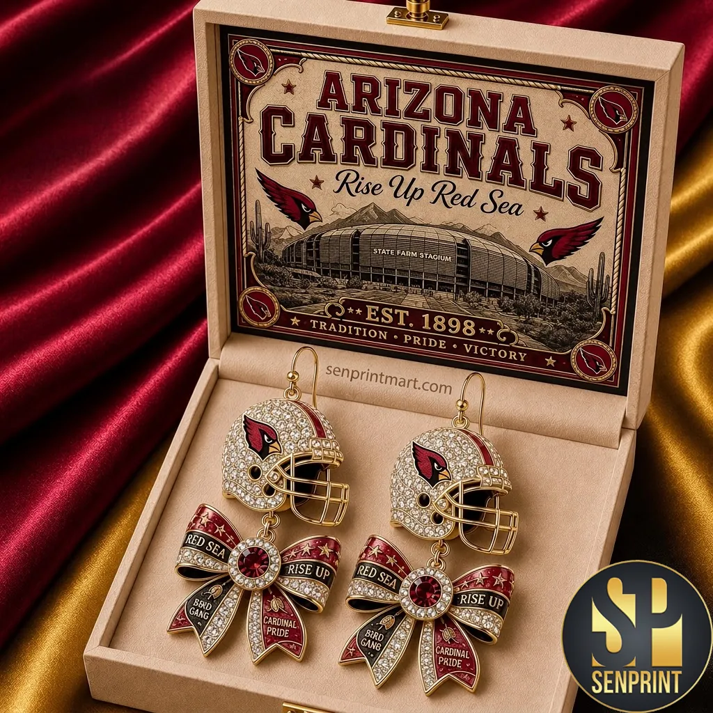 Arizona Cardinals Rise Up Red Sea Rhinestone Helmet Bow Dangle Earrings