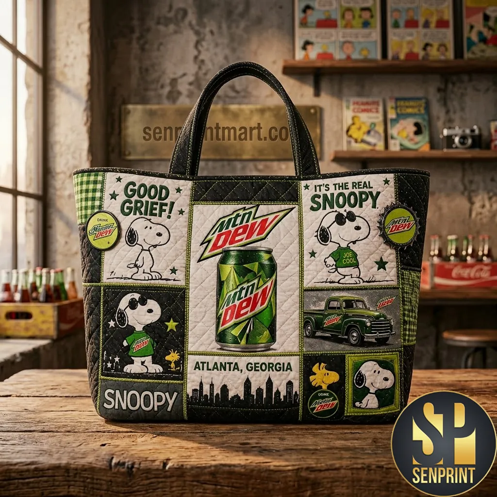 Snoopy Mountain Dew Atlanta Georgia Retro Patchwork Quilted Tote Bag