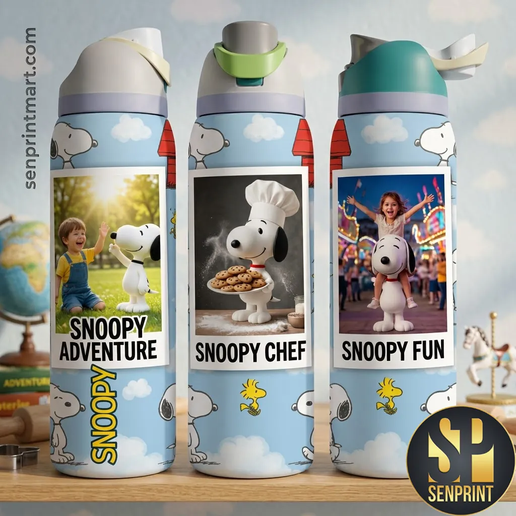 Personalized Snoopy Adventure Custom Photo Kids Water Bottle