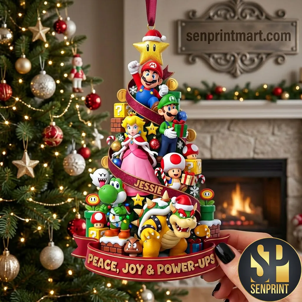 Personalized Super Mario Peace Joy and Power-Ups Christmas Ornament