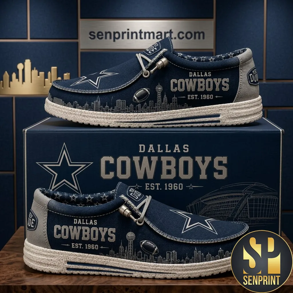 Dallas Cowboys Est 1960 Skyline Navy Blue Premium Slip On Shoes
