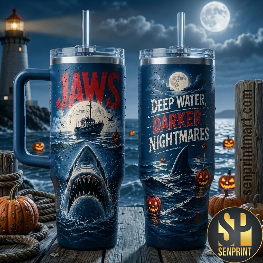 Jaws Deep Water Darker Nightmares Halloween Spooky Shark Tumbler