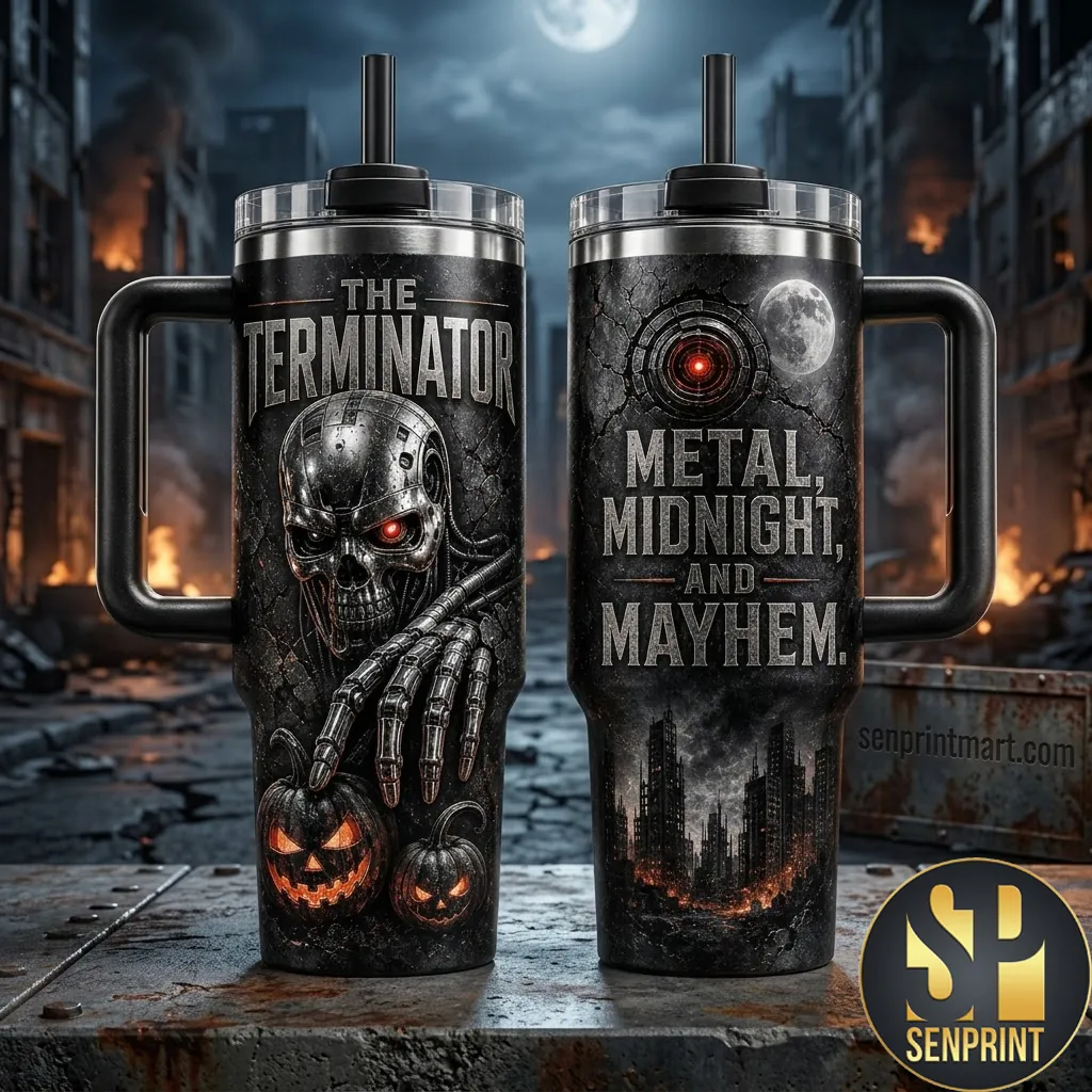 The Terminator Metal Midnight and Mayhem Halloween Tumbler