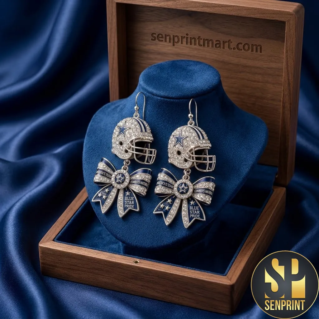 Dallas Cowboys Blue Star Pride Rhinestone Helmet Bow Dangle Earrings