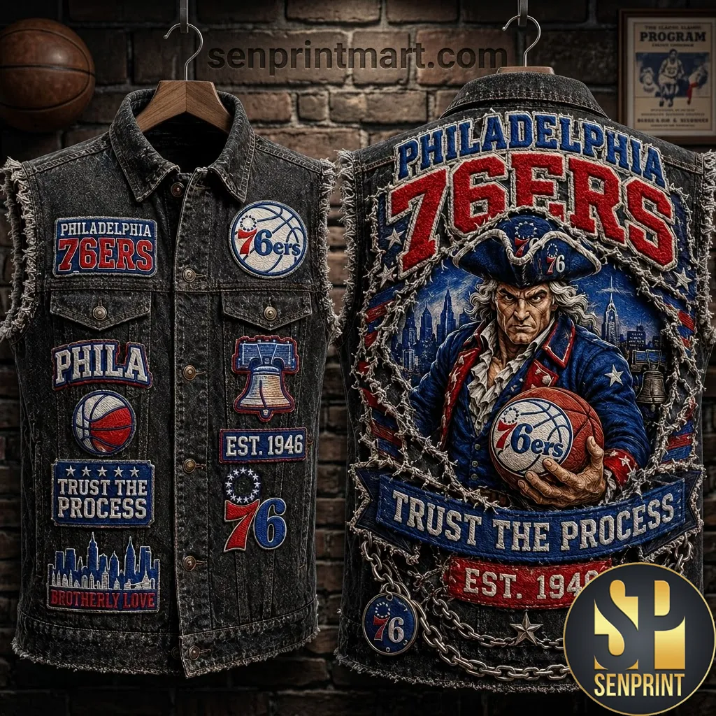 Philadelphia 76ers Trust The Process Vintage Embroidered Denim Vest