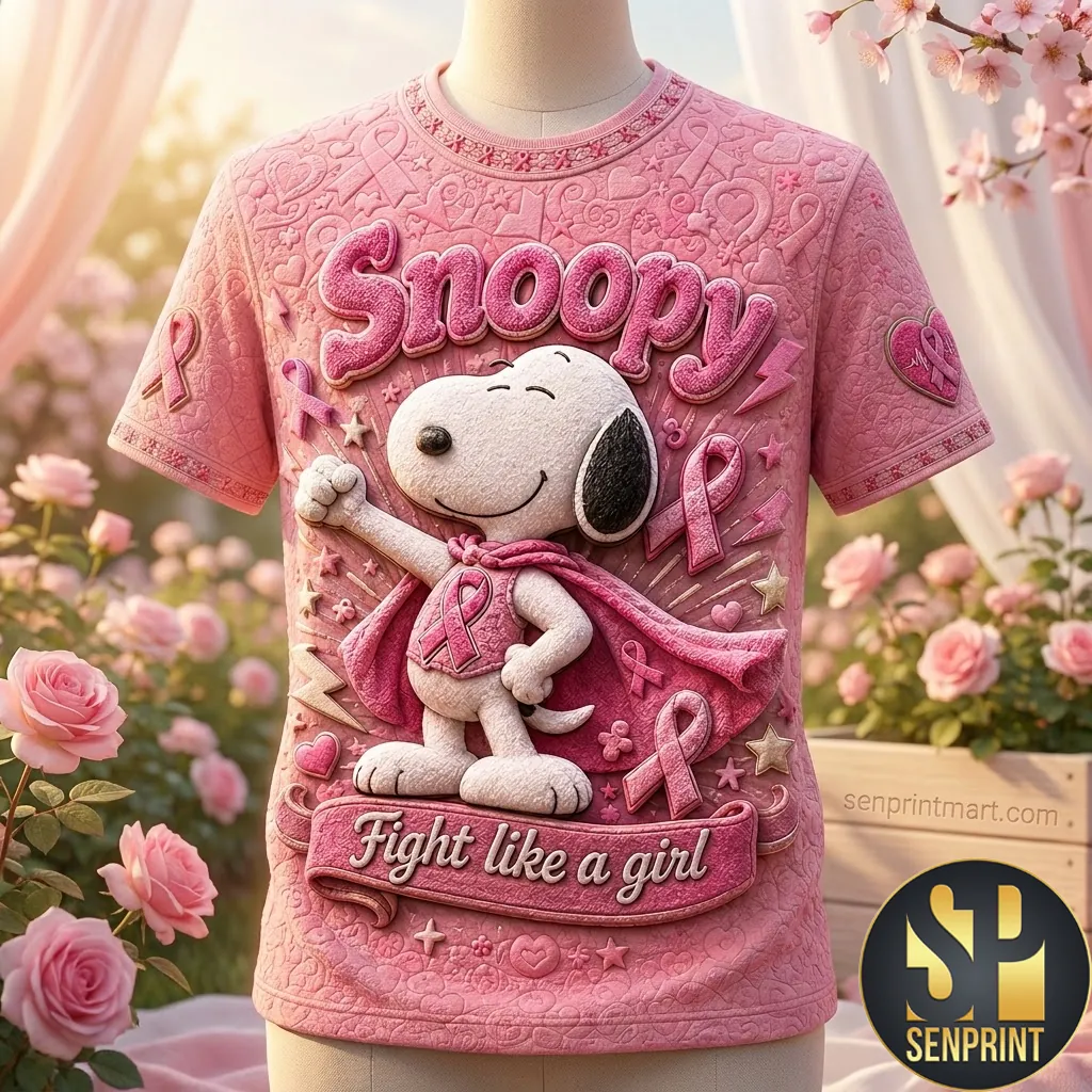 Snoopy Breast Cancer Awareness Fight Like A Girl Premium 3D Embossed T-Shirt