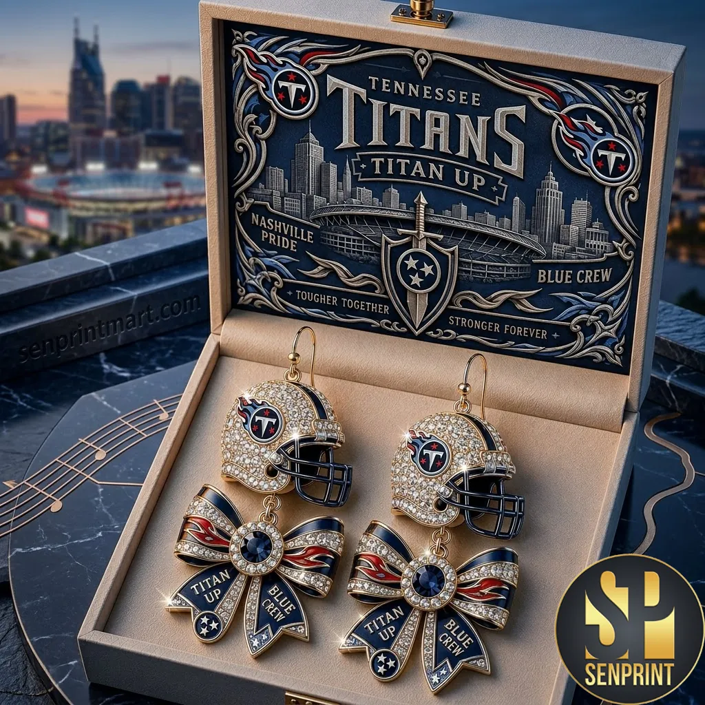Tennessee Titans Titan Up Rhinestone Football Helmet and Bow Dangle Earrings
