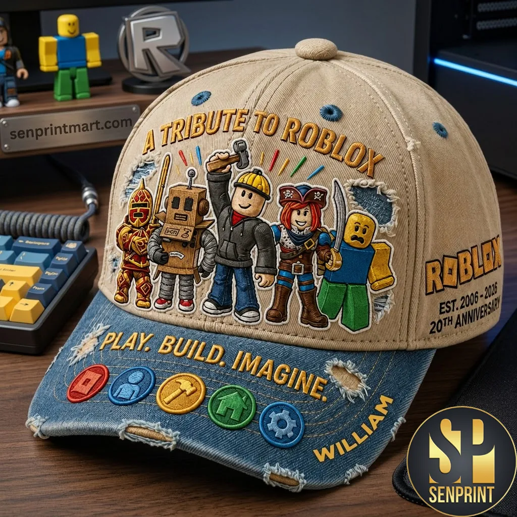 Roblox 20th Anniversary Tribute Personalized Distressed Denim Baseball Cap