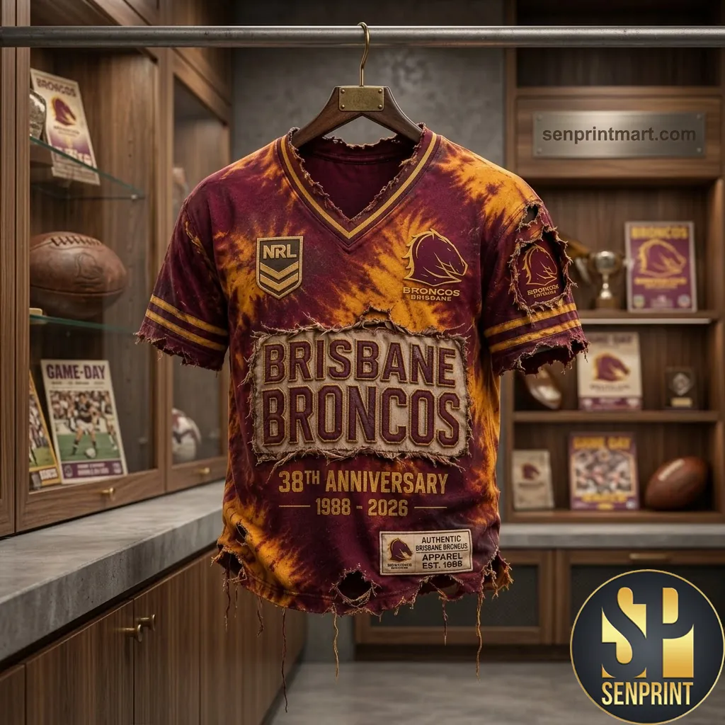 Brisbane Broncos NRL 38th Anniversary Vintage Distressed Tie Dye T-Shirt