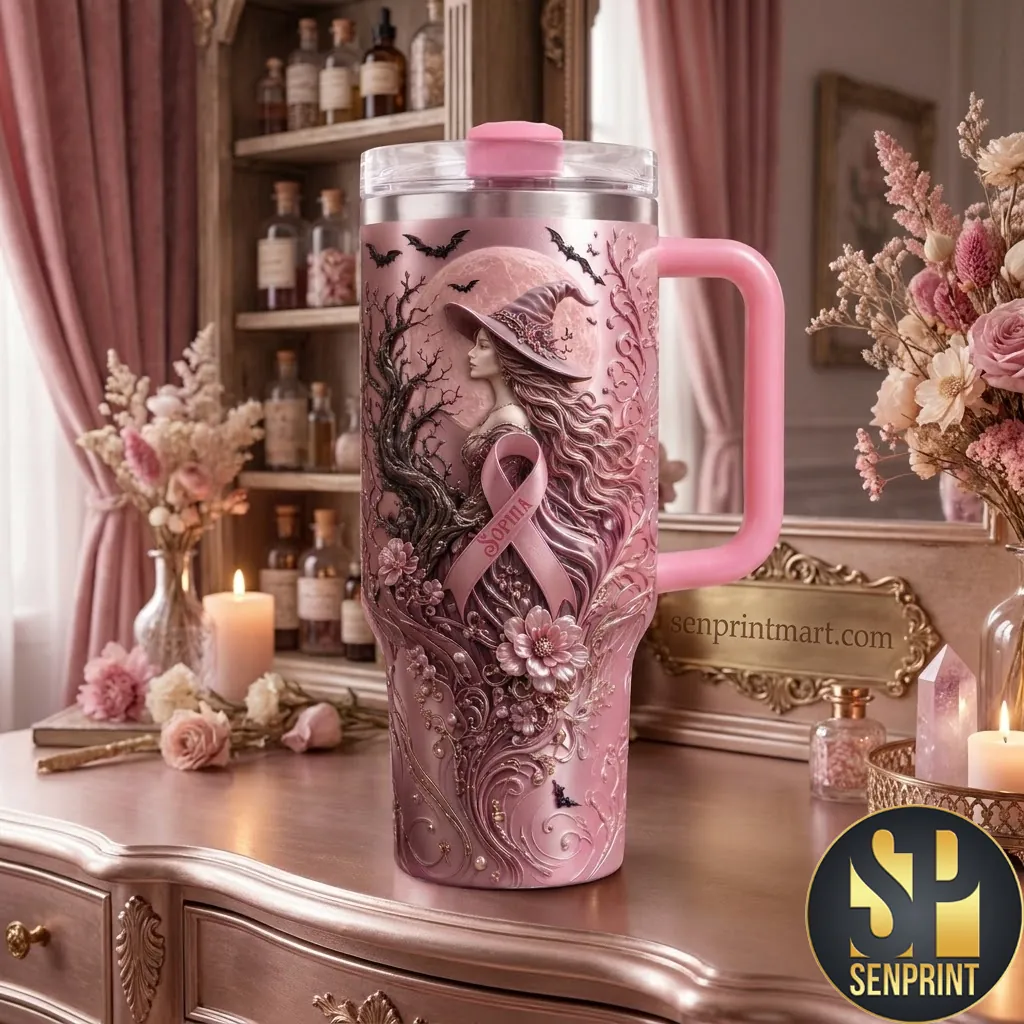 Personalized Pink Witch Breast Cancer Awareness 3D Floral 40oz Tumbler with Handle