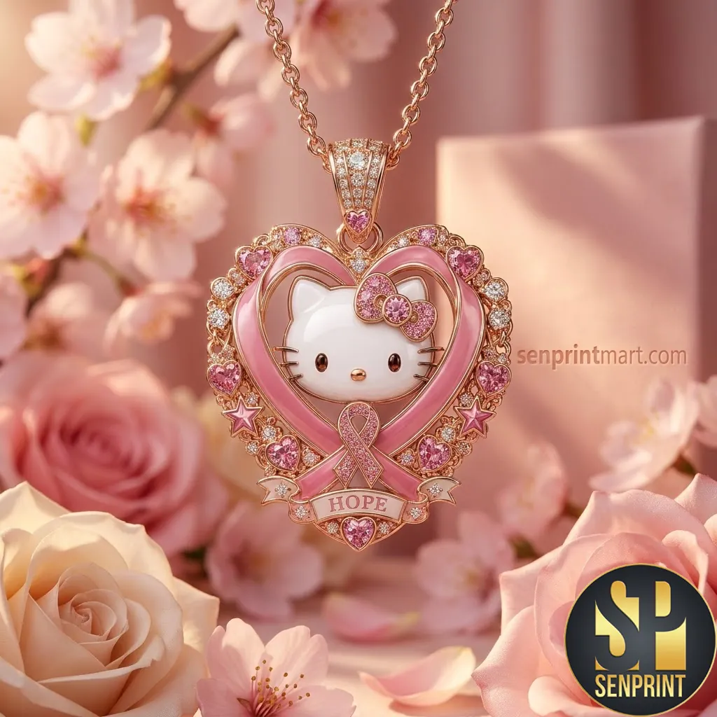 Hello Kitty Breast Cancer Awareness Hope Pink Ribbon Heart Pendant Necklace