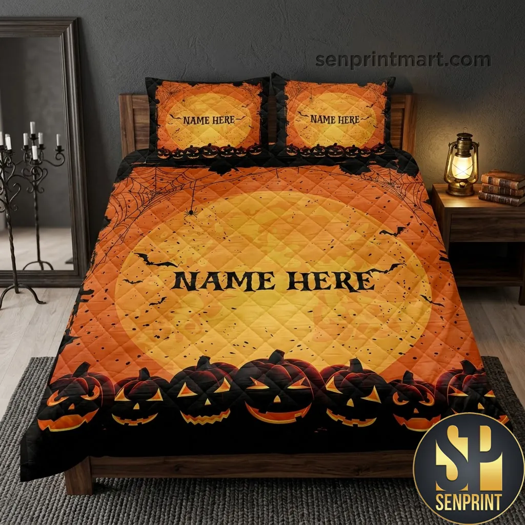 Personalized Spooky Jack O Lantern Pumpkin Halloween Bedding Set