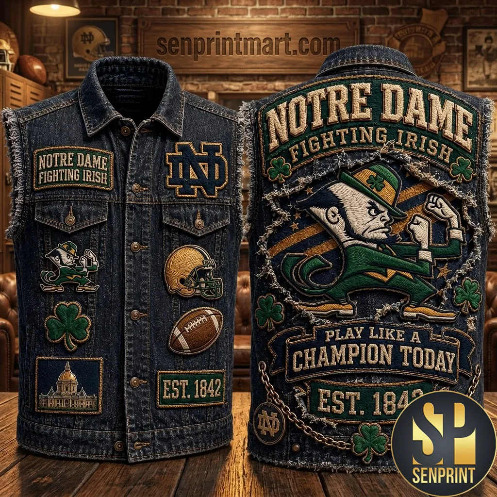 Notre Dame Fighting Irish Play Like A Champion Today Embroidered Denim Vest