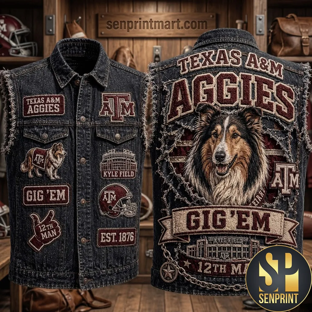 Texas A&M Aggies Gig Em Vintage Distressed Patch Denim Vest
