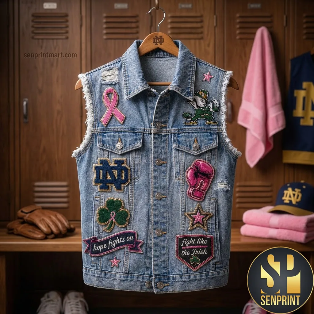 Notre Dame Fighting Irish Breast Cancer Awareness Hope Fights On Patched Denim Vest