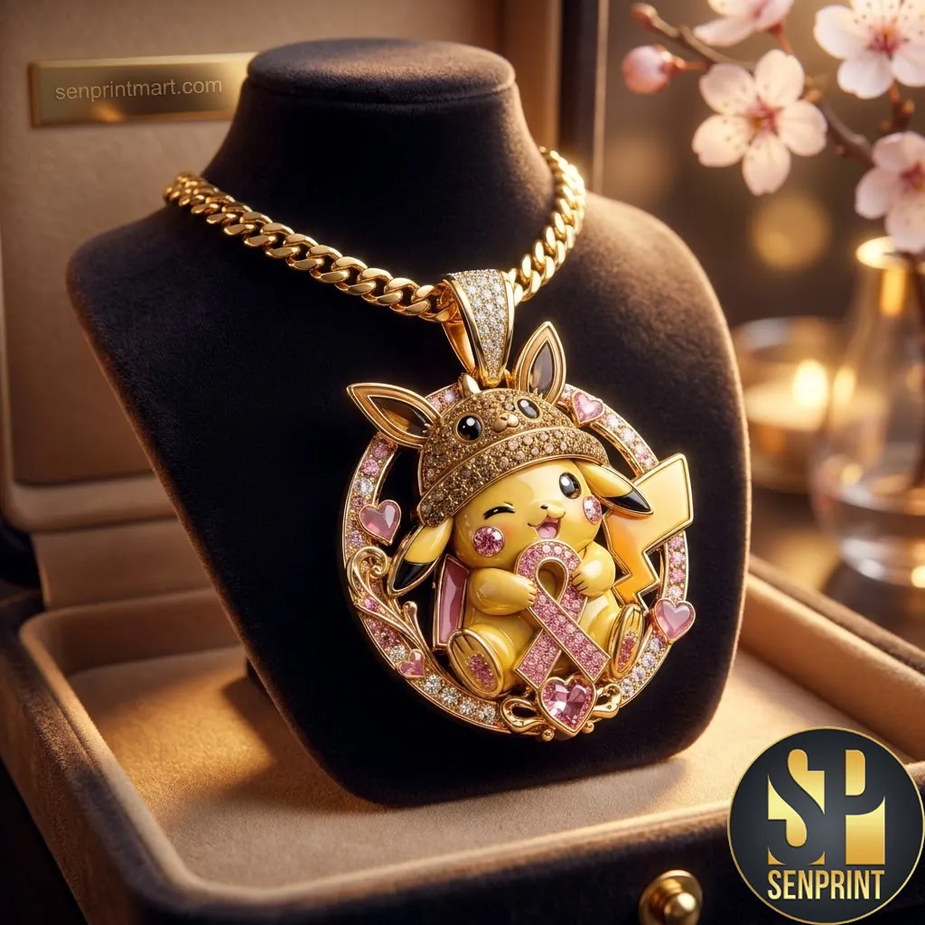 Pikachu Eevee Breast Cancer Awareness Iced Out Gold Pendant Necklace