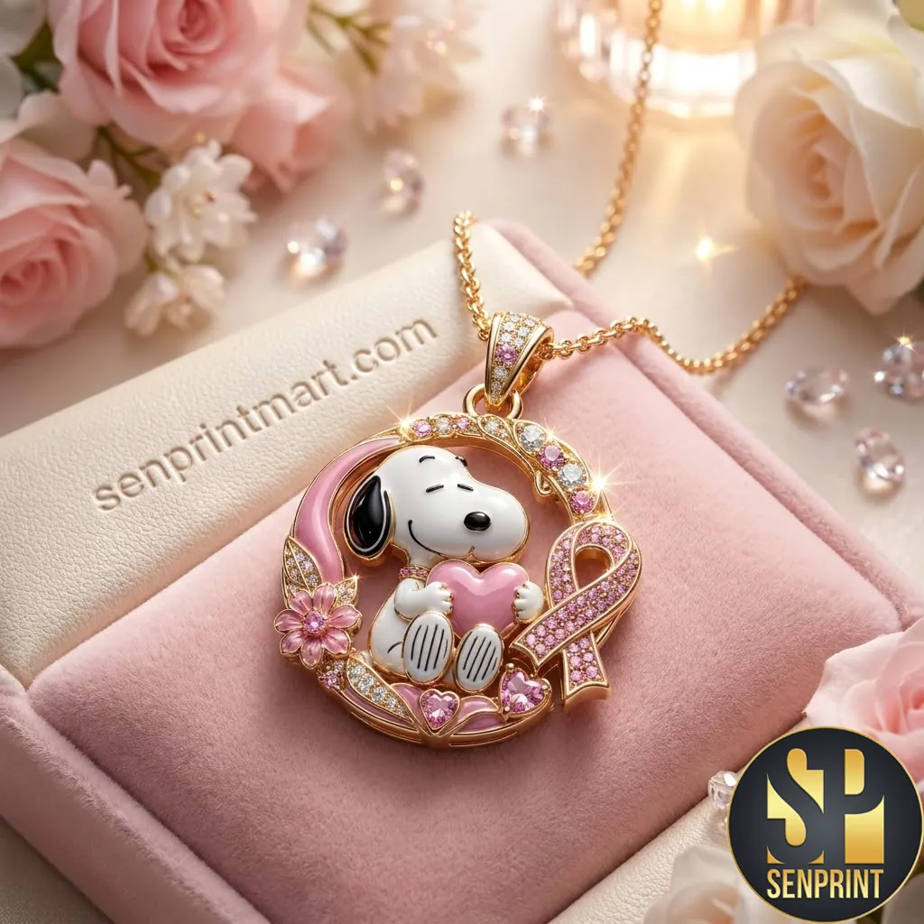 Snoopy Breast Cancer Awareness Pink Ribbon Gold Pendant Necklace