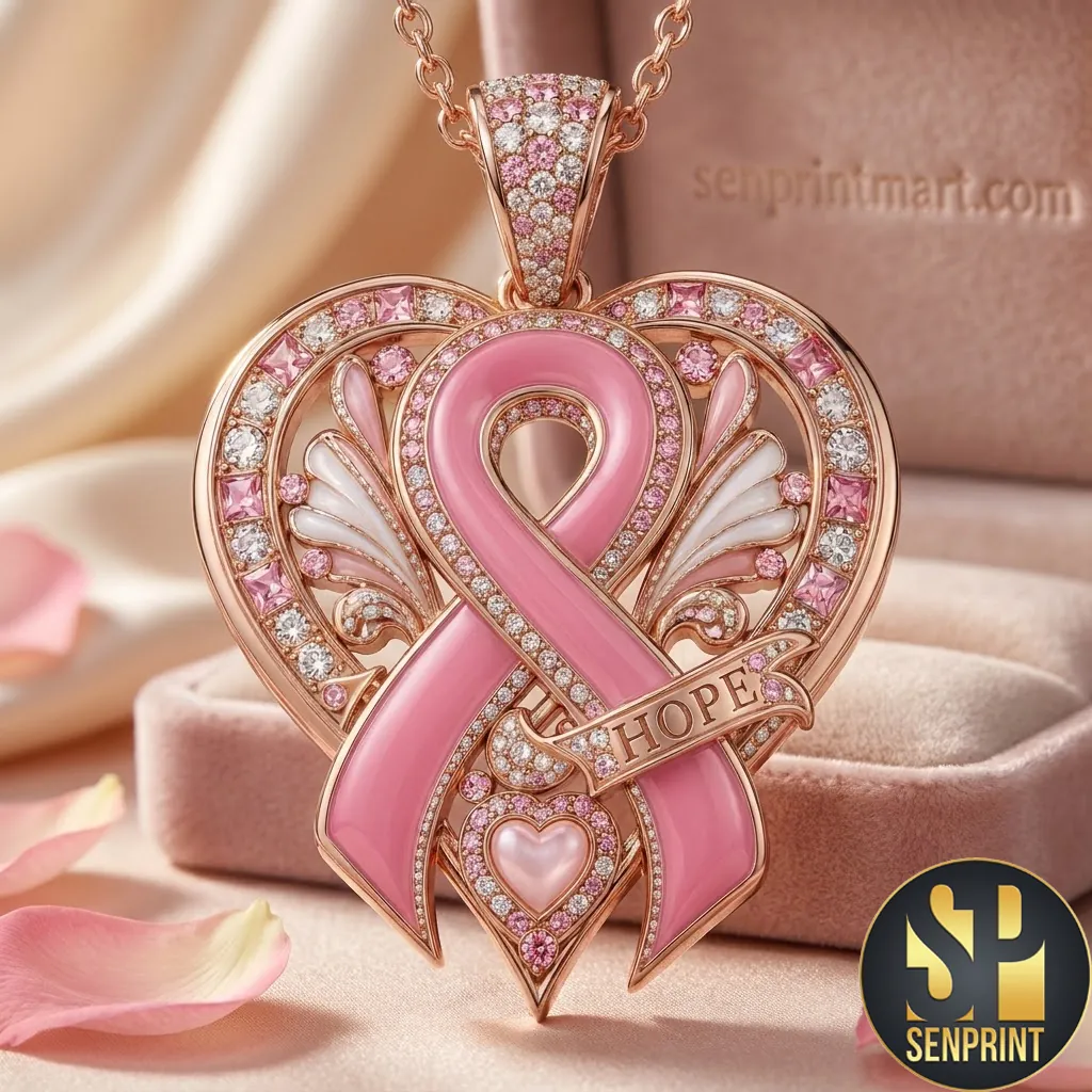 Breast Cancer Awareness Pink Ribbon Hope Heart Pendant Necklace