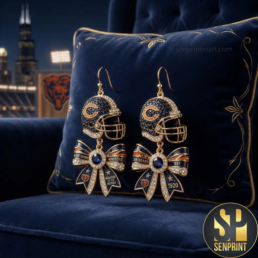 Chicago Bears Da Bears Crystal Football Helmet and Bow Dangle Earrings