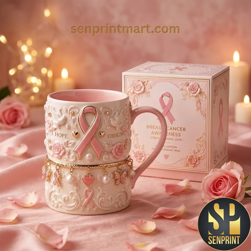 Pink Ribbon Breast Cancer Awareness Hope Strength 3D Floral Ceramic Mug