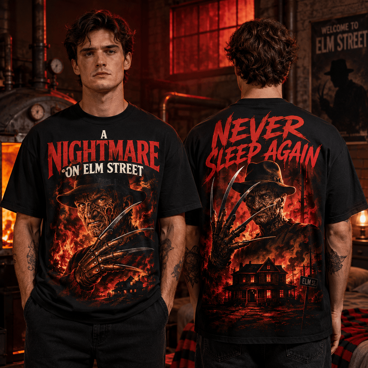 A Nightmare on Elm Street Freddy Krueger Never Sleep Again Double Sided Horror Movie Graphic T-Shirt