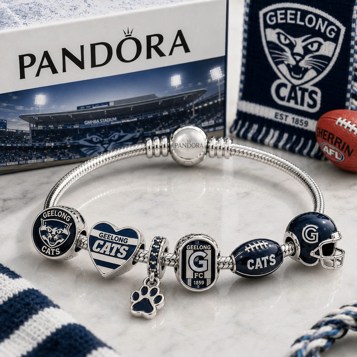 Geelong Cats AFL Football Club 925 Sterling Silver Pandora Style Fan Gift Charm Bracelet Set