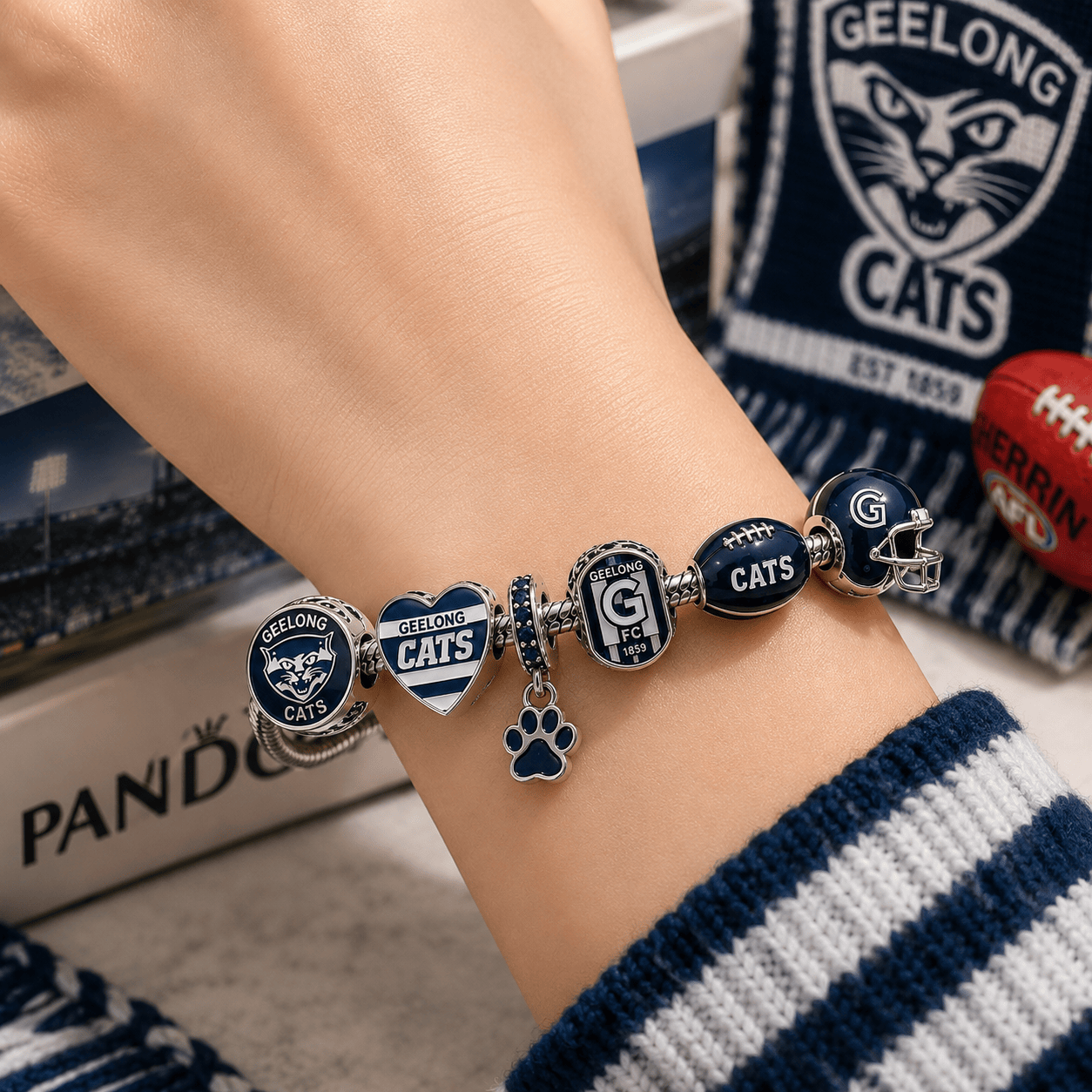 Geelong Cats AFL Football Club 925 Sterling Silver Pandora Style Fan Gift Charm Bracelet Set Geelong Cats AFL Football Club 925 Sterling Silver Pandora Style Fan Gift Charm Bracelet Set