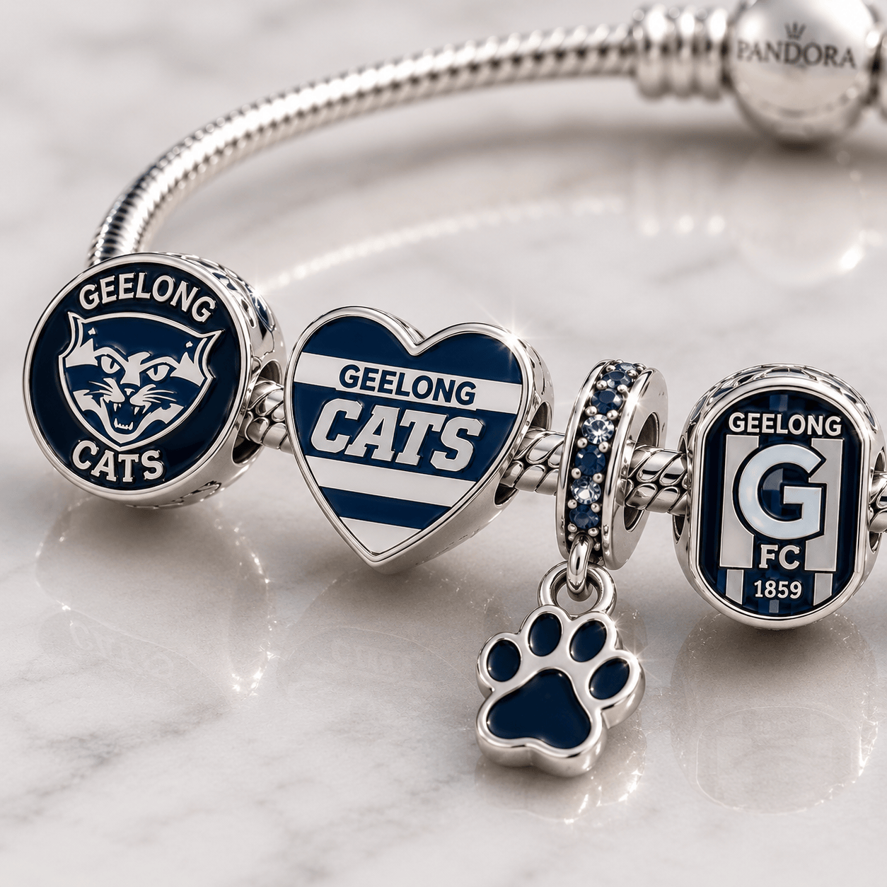 Geelong Cats AFL Football Club 925 Sterling Silver Pandora Style Fan Gift Charm Bracelet Set Geelong Cats AFL Football Club 925 Sterling Silver Pandora Style Fan Gift Charm Bracelet Set