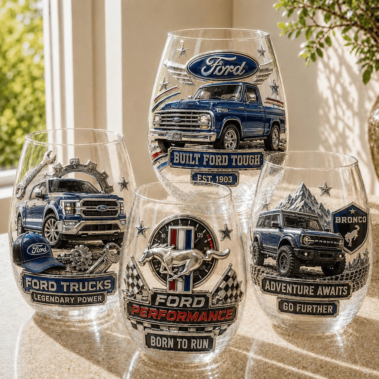 Ford Trucks Mustang and Bronco 3D Embossed Premium Stemless Wine Glass