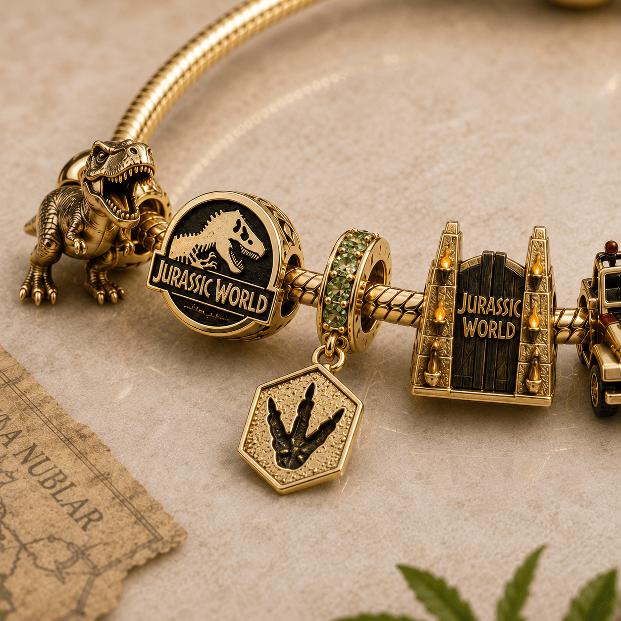 Jurassic World Gold Plated Dinosaur T-Rex Movie Fandom Charm Bracelet Set Jurassic World Gold Plated Dinosaur T-Rex Movie Fandom Charm Bracelet Set